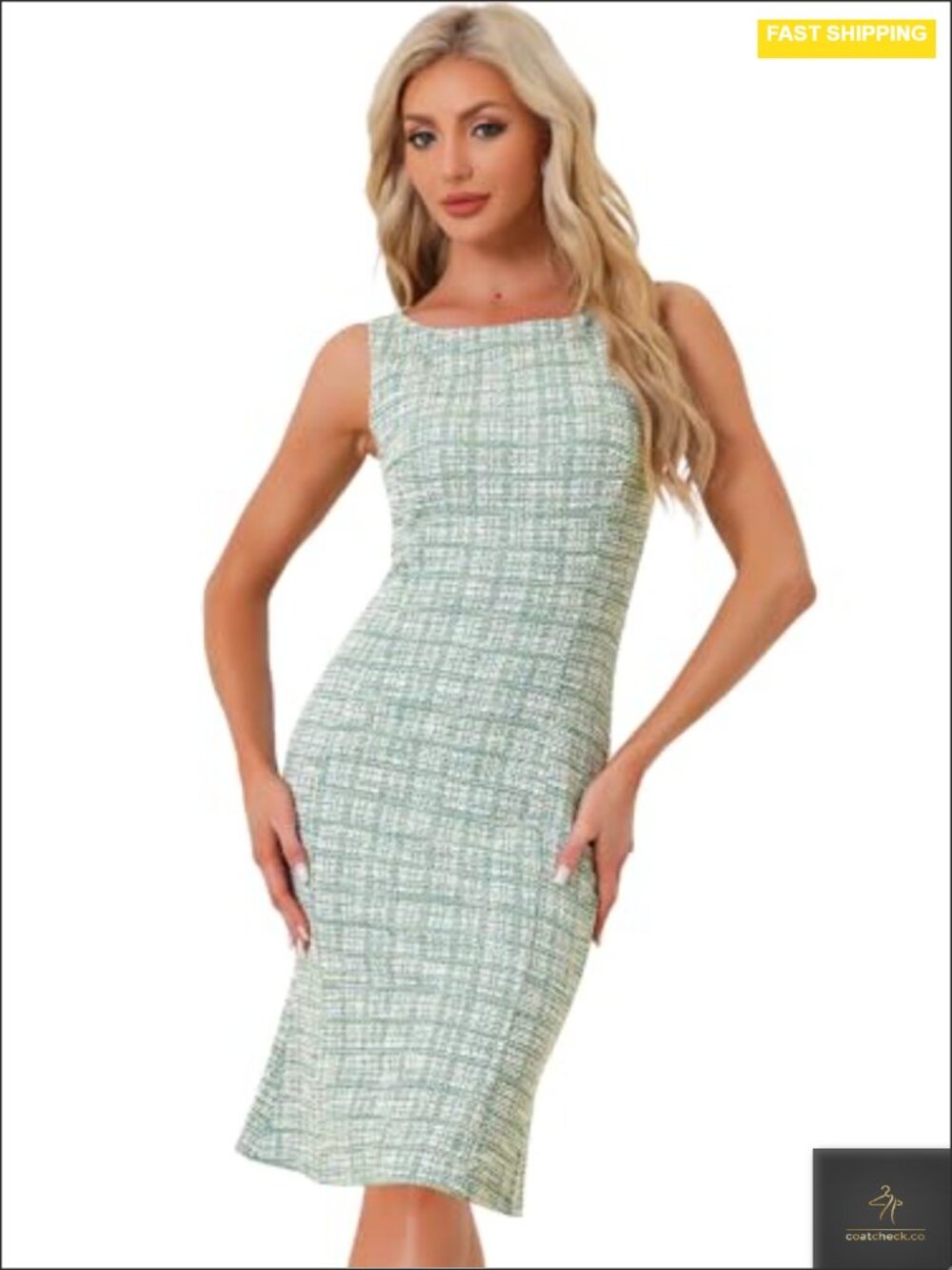 Sleeveless Tweed Bodycon Dress Metallic Threads Boat Neck Sheath